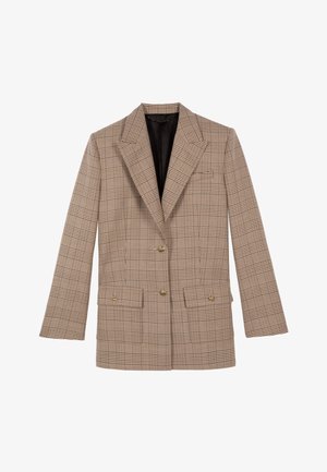 Blazer doppiopetto in tessuto a quadri beige, con rever a punta, due tasche frontali e bottoni dorati. Fodera nera visibile all'interno.