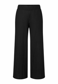 Pantalons larges noirs avec un motif rayé vertical, en tissu doux, dotés d'une taille élastique pour un confort et une facilité de port.