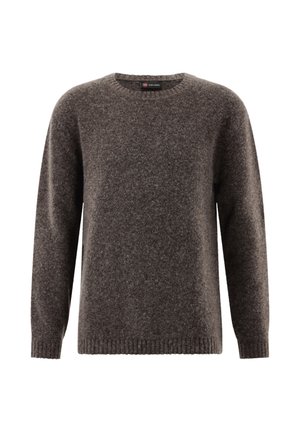 Brauner, flauschiger Strickpullover mit langen Ärmeln und Rundhalsausschnitt, präsentiert vor einem weißen Hintergrund.