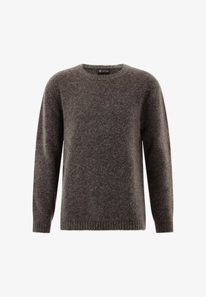 Brauner, flauschiger Strickpullover mit langen Ärmeln und Rundhalsausschnitt, präsentiert vor einem weißen Hintergrund.