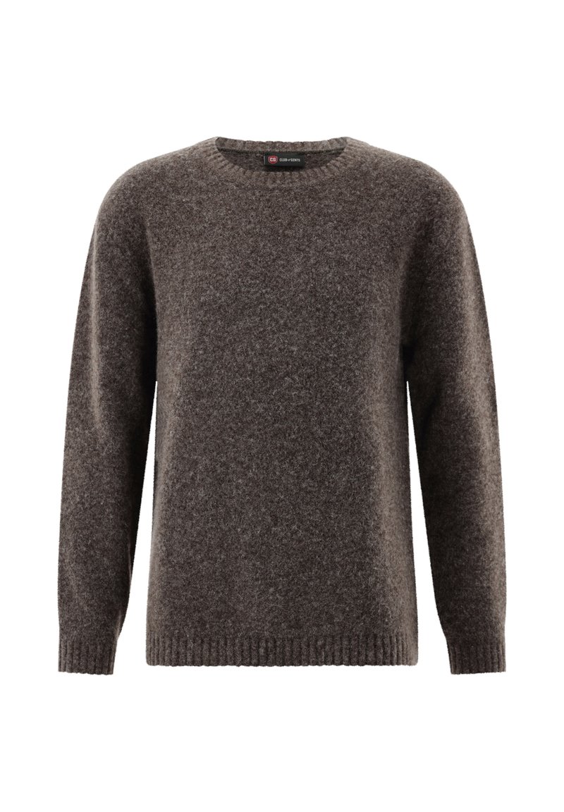 Brauner, flauschiger Strickpullover mit langen Ärmeln und Rundhalsausschnitt, präsentiert vor einem weißen Hintergrund.