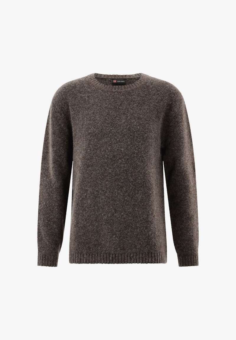 Brauner, flauschiger Strickpullover mit langen Ärmeln und Rundhalsausschnitt, präsentiert vor einem weißen Hintergrund.