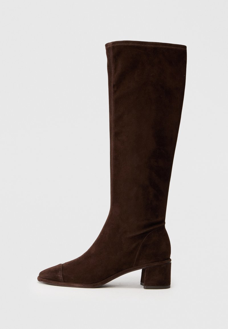 Stivali alti marroni in suede con punta affusolata e tacco grosso. Presentano una texture liscia e minimale con pochi dettagli di cucitura.