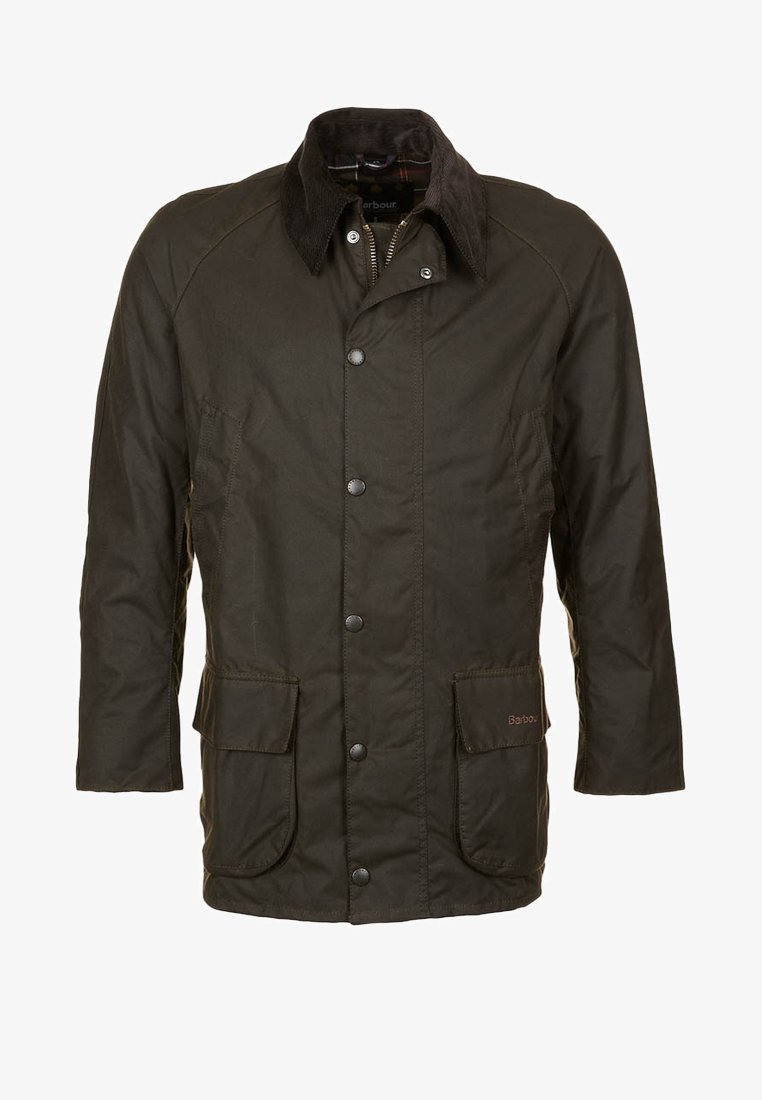Veste en coton ciré vert foncé avec col en velours côtelé, fermeture avant par boutons et fermeture éclair, et deux grandes poches à rabat à la taille.