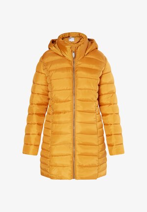 Jacket puffer galben cu glugă, dotat cu închidere cu fermoar, textură ribbed și fermoar deschis mai deschis. Design de lungime medie.