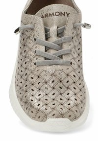 Zapatilla de cordones en gris claro con patrón perforado, brillo metálico y suela blanca; presenta cordones grises y un tacón plano.