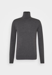 Pull col roulé gris foncé en tissu doux. Caractérisé par des manches longues et une coupe ajustée avec une texture côtelée au niveau du col et de l'ourlet.