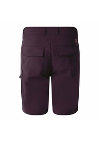 Dunkelviolette Shorts aus leichtem Material, ausgestattet mit zwei Gesäßtaschen und einer seitlichen Tasche mit Reißverschluss. Mit glatter Textur und tailliertem Schnitt.