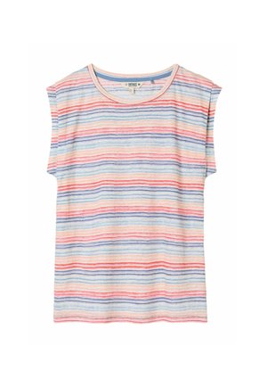 Kurzarm-Rundhals-Top mit horizontalen Streifen in Blau-, Pink- und Beigetönen, aus leichtem Stoff.