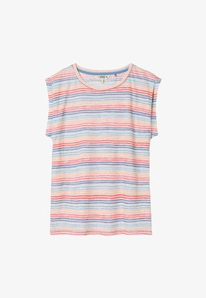 Tričko s krátkym rukávom a okrúhlym výstrihom s horizontálnymi pruhmi v modrých, ružových a béžových tónoch, vyrobené z ľahkej látky.