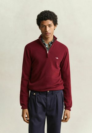 Jeune homme aux cheveux bouclés portant un pull zippé bordeaux sur une chemise rayée verte et blanche et un pantalon bleu foncé, debout devant un fond uni.
