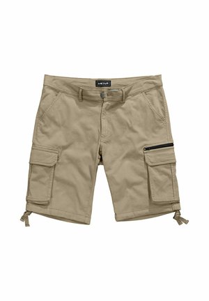 Beige Cargo-Shorts für Herren mit vorderen und seitlichen Klappentaschen, Reißverschlusstasche auf der rechten Seite, Gürtelschlaufen, Knopfverschluss und verstellbaren Kordelzügen an den Säumen.