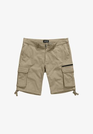 Beżowe męskie szorty cargo z przednimi i bocznymi kieszeniami na klapy, kieszenią na zamek po prawej stronie, szlufkami na pasek, zapięciem na guziki oraz regulowanymi sznurkami przy nogawkach.