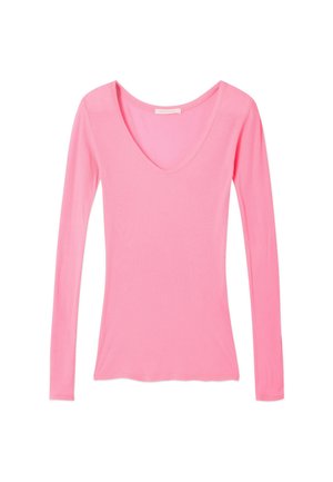 Langärmeliges Oberteil in leuchtendem Pink mit tiefem V-Ausschnitt. Hergestellt aus glattem, leichtem Stoff mit figurbetonter Passform.