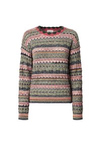 Pull en tricot de couleurs variées avec des rayures horizontales, des motifs texturés, un col rond et de longues manches à bords festonnés.