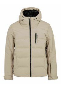 Beige Daunenjacke mit hohem Kragen, Front-Reißverschluss und Brusttasche mit Reißverschluss; zeichnet sich durch eine glatte Textur und eine verstellbare Kapuze aus.