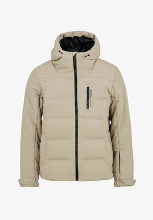 Beige Daunenjacke mit hohem Kragen, Front-Reißverschluss und Brusttasche mit Reißverschluss; zeichnet sich durch eine glatte Textur und eine verstellbare Kapuze aus.