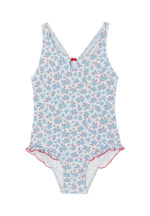 Einteiliger Badeanzug mit blauem und pinkem Blumenmuster, V-Ausschnitt, roten Knopfakzenten und gerüschten Beinöffnungen mit rotem Besatz.