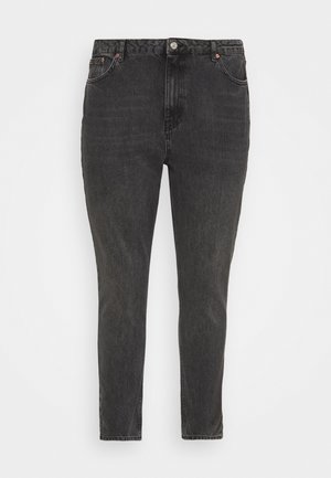 Sorte højtaljede, slanktsiddende jeans med knap foran, lynlås og for- og baglommer, vist mod en hvid baggrund.