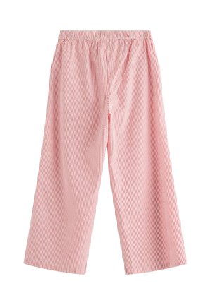 Lyserøde og hvide bukser med brede ben og lodrette striber, elastisk talje og sidelommer.
