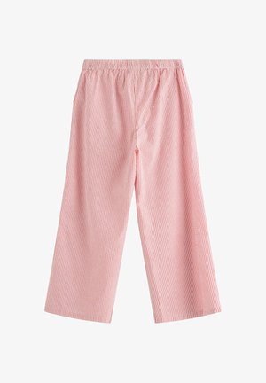 Lyserøde og hvide bukser med brede ben og lodrette striber, elastisk talje og sidelommer.