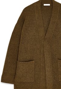 Brown knitted cardigan with a V-neck, open front, and two front pockets. Features ribbed cuffs and hem, textured pattern throughout.