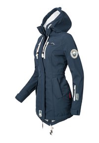 Navy outdoor jacket featuring a hood, zippered pockets, drawstring waist, textured fabric, and a circular logo on the sleeve.