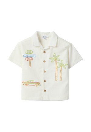 White short-sleeve button-up shirt with palm trees, vintage car, and Route 66 road sign embroidery on front.