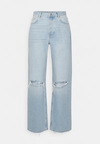 Jeans in denim blu chiaro con vita alta, silhouette a gamba larga e dettagli strappati sulle ginocchia. Finiture a orlo grezzo e leggera scoloritura.