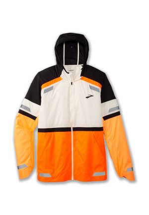 Leichte, kapuzenjacke in Orange, Weiß und Schwarz mit reflektierenden Akzenten und color-blocked Design. Verfügt über einen Reißverschluss und Seitentaschen.