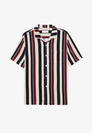 Lyhythihainen paita, jossa on vaalean kermanvärisiä, laivastonsinisiä ja marjapuuron värisiä pystyraitoja, tasku ja valkoiset napit. Valmistettu kevyestä kankaasta.