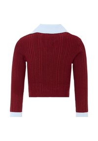 Prążkowany bordowy sweter z długimi rękawami, jasnoniebieskim kołnierzykiem i mankietami. Skrócona długość z teksturowanym wykończeniem.