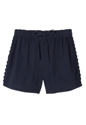 Short bleu marine avec taille élastique et cordon, avec poches latérales et léger détail festonné sur le côté.