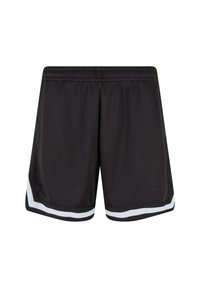 Shorts de sport noirs en matière mesh, avec une bande blanche le long de l'ourlet. Taille élastique pour le confort et la mobilité.
