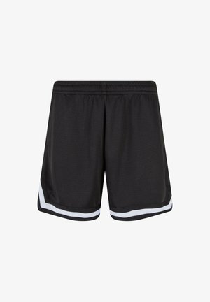 Mustad mustrekad lühikesed püksid, mis on valmistatud võrgumaterjalist, valge triibuga allääres. Paindlik vöökoht mugavuse ja liikuvuse tagamiseks.