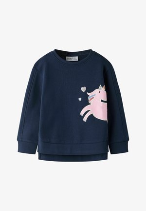 Sudadera azul marino de manga larga con puños y bajo acanalados, con un unicornio rosa con un cuerno brillante y dos corazones plateados en el frente.