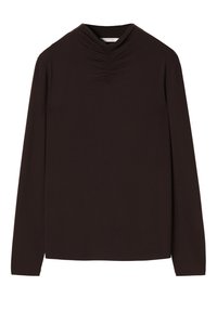 Brauner Langarmoberteil mit hohem Kragen und gesammeltem Detail am Hals. Glattes Material mit taillierter Silhouette.