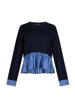 Marineblauer Pullover mit langen Ärmeln, blau-weiß gestreiftem, vertikal gerüschtem Saum und passenden gestreiften Bündchen.