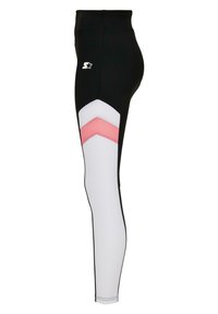 Mustat leggingsit korkealla vyötäröllä, valkoiset ja vaaleanpunaiset viiruakkoset sivupaneelit sekä pieni logo vyötärön läheisyydessä. Stretch-materiaali.
