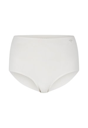 Mutande bianche a vita alta, realizzate in un tessuto morbido ed elastico. Texture liscia con un design senza cuciture e un piccolo logo decorativo sul lato.