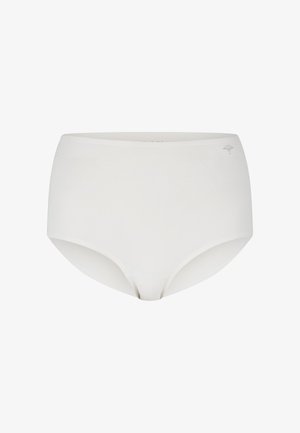 High-waisted white underwear made of soft, stretchy fabric. Smooth texture with a seamless design and small decorative logo on the side.