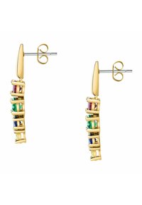 Orecchini d'oro con un design testurizzato e quattro gemme multicolori (rosse, verdi, blu, gialle) incastonate all'interno di una cornice quadrata.