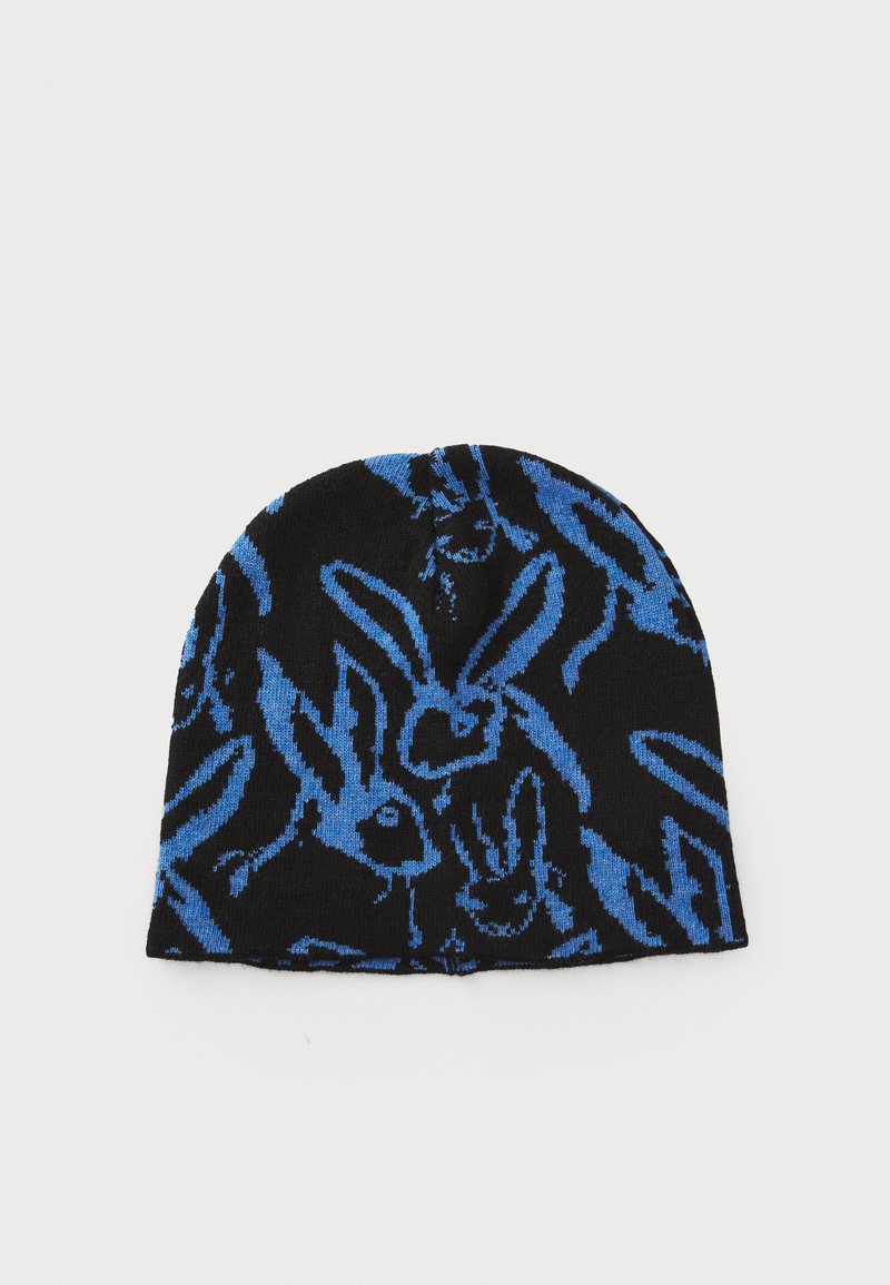 Knit beanie in black with a repeating blue rabbit pattern. Features a snug fit and rounded shape, with a soft texture.