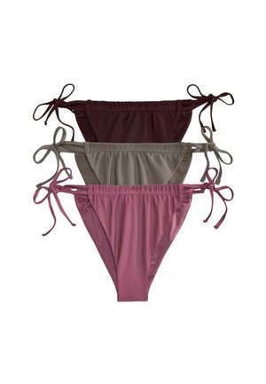 Three women's bikini bottoms with side tie strings, in dark burgundy, taupe ribbed, and mauve colors, stacked on a white background.