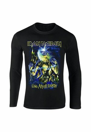 Zwarte t-shirt met lange mouwen met een kleurrijke grafische print van een skeletfiguur, met blauwe, gele en groene accenten. De tekst luidt "Iron Maiden Live After Death."