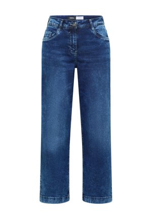 Jean droit en denim bleu avec poches avant, passants de ceinture, fermeture par bouton et fermeture éclair.