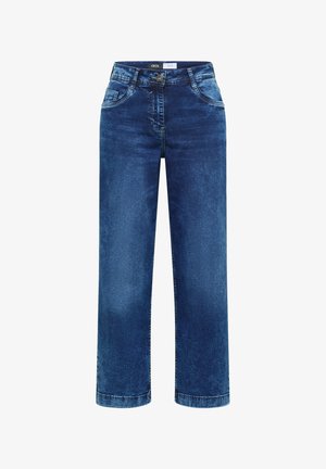 Jean droit en denim bleu avec poches avant, passants de ceinture, fermeture par bouton et fermeture éclair.