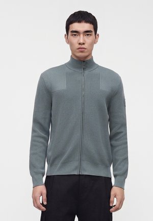 Junger Mann trägt einen grauen Pullover mit durchgehendem Reißverschluss und hohem Kragen, steht vor einem schlichten weißen Hintergrund, schaut nach vorne.