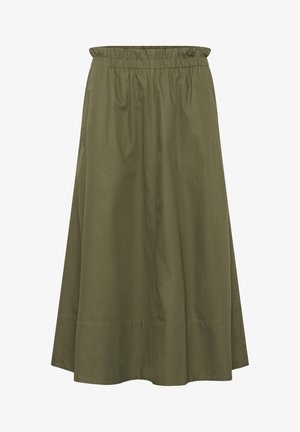 Olive rohelise puuvillane seelik elastse vöökoha ja põlvekõrguse lõikega, küljetaskudega. Sile tekstuur ja lihtne, voolav kuju.