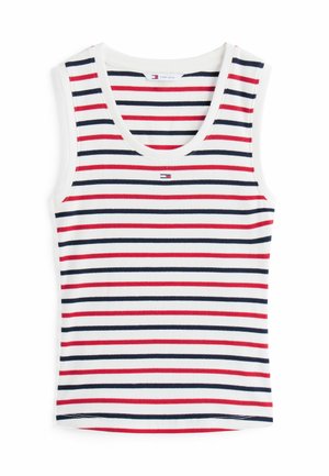 Débardeur à côtes blanc avec des rayures horizontales rouge et bleu marine. Il présente une encolure ronde et un petit logo au centre de la poitrine.